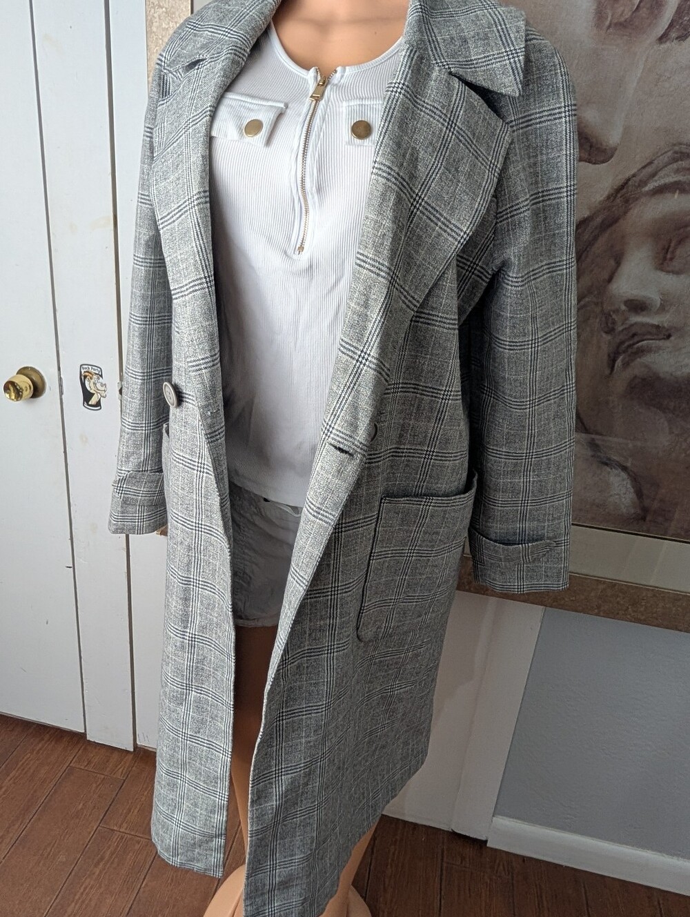 LOB Gray Plaid Long Women's Coat - Classic Tailored Overcoat Size XS 44"Length - Picture 8 of 10